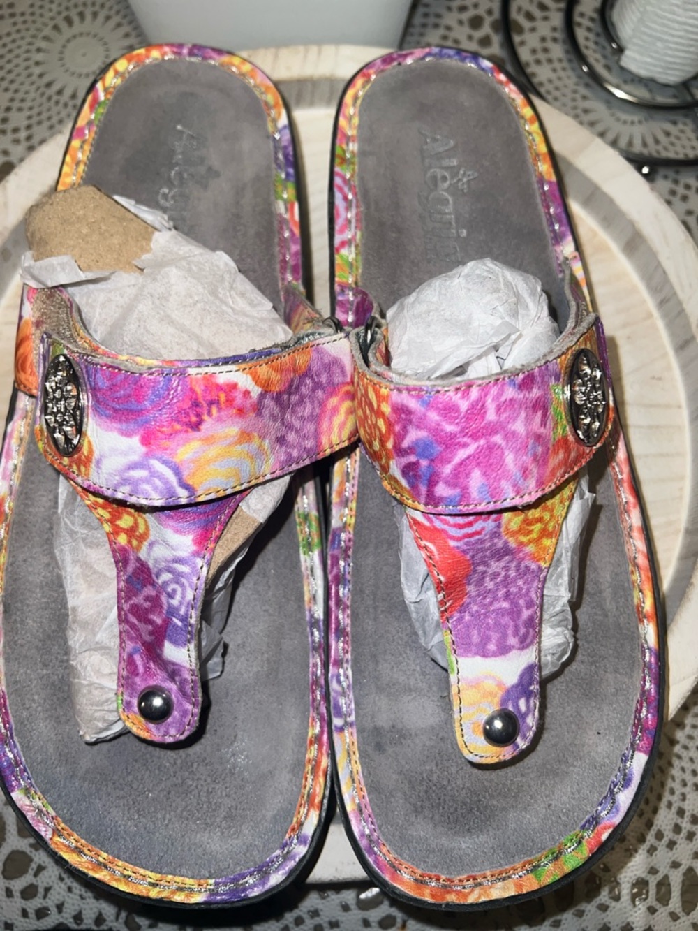 Alegria Floral T-Stripe Toe-Post Sandals - Purple, Pink, Orange, Yellow